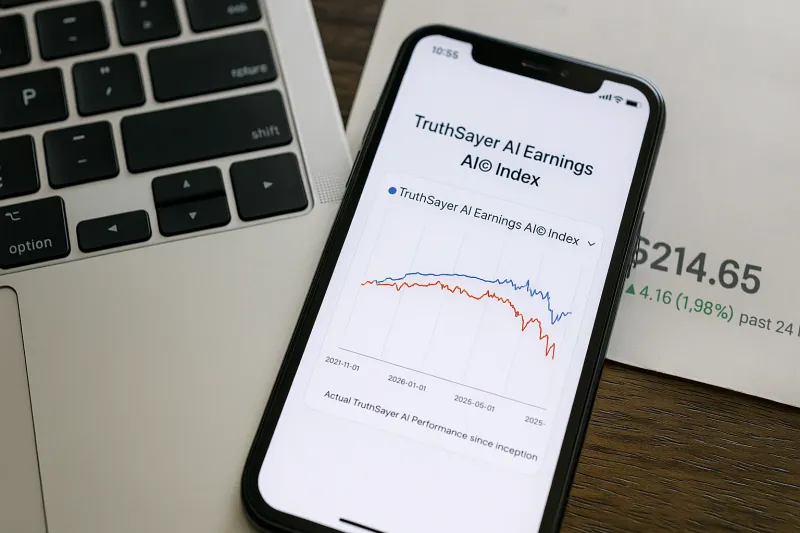 A smartphone displaying the TruthSayer AI Earnings Index chart with performance lines in blue and red, placed on a laptop keyboard and a printed financial report showing a stock price of $214.65 with a 1.98% increase.