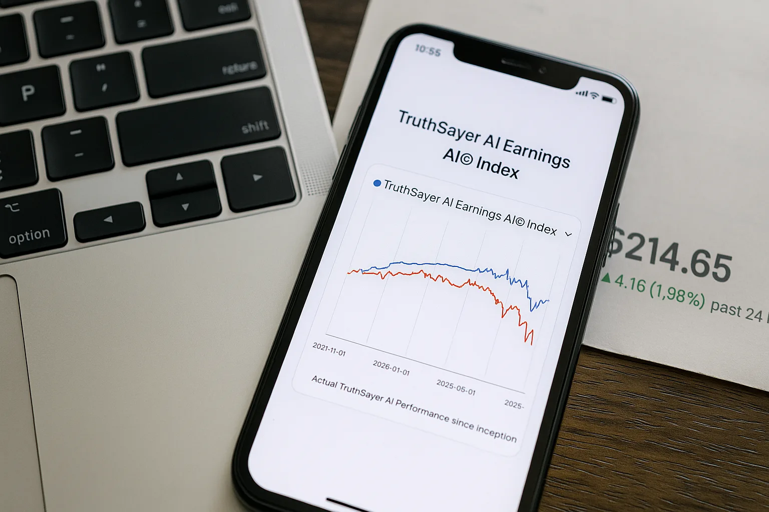 A smartphone displaying the TruthSayer AI Earnings Index chart with performance lines in blue and red, placed on a laptop keyboard and a printed financial report showing a stock price of $214.65 with a 1.98% increase.